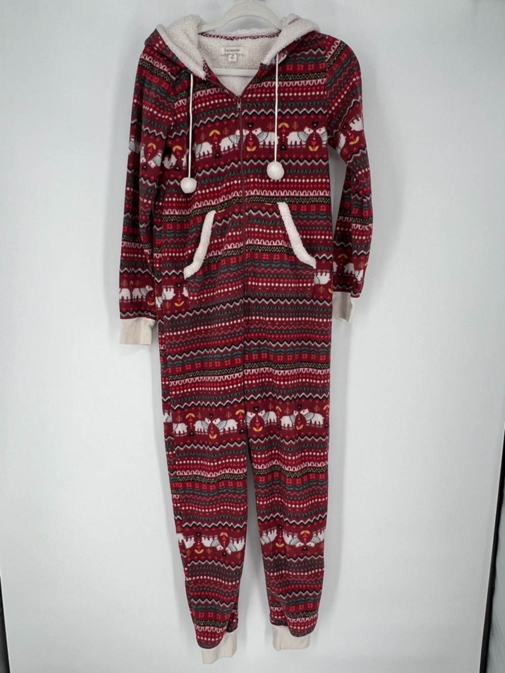 Francesca's Polar Bear White Sherpa Lined Onesie with Maroon Trim